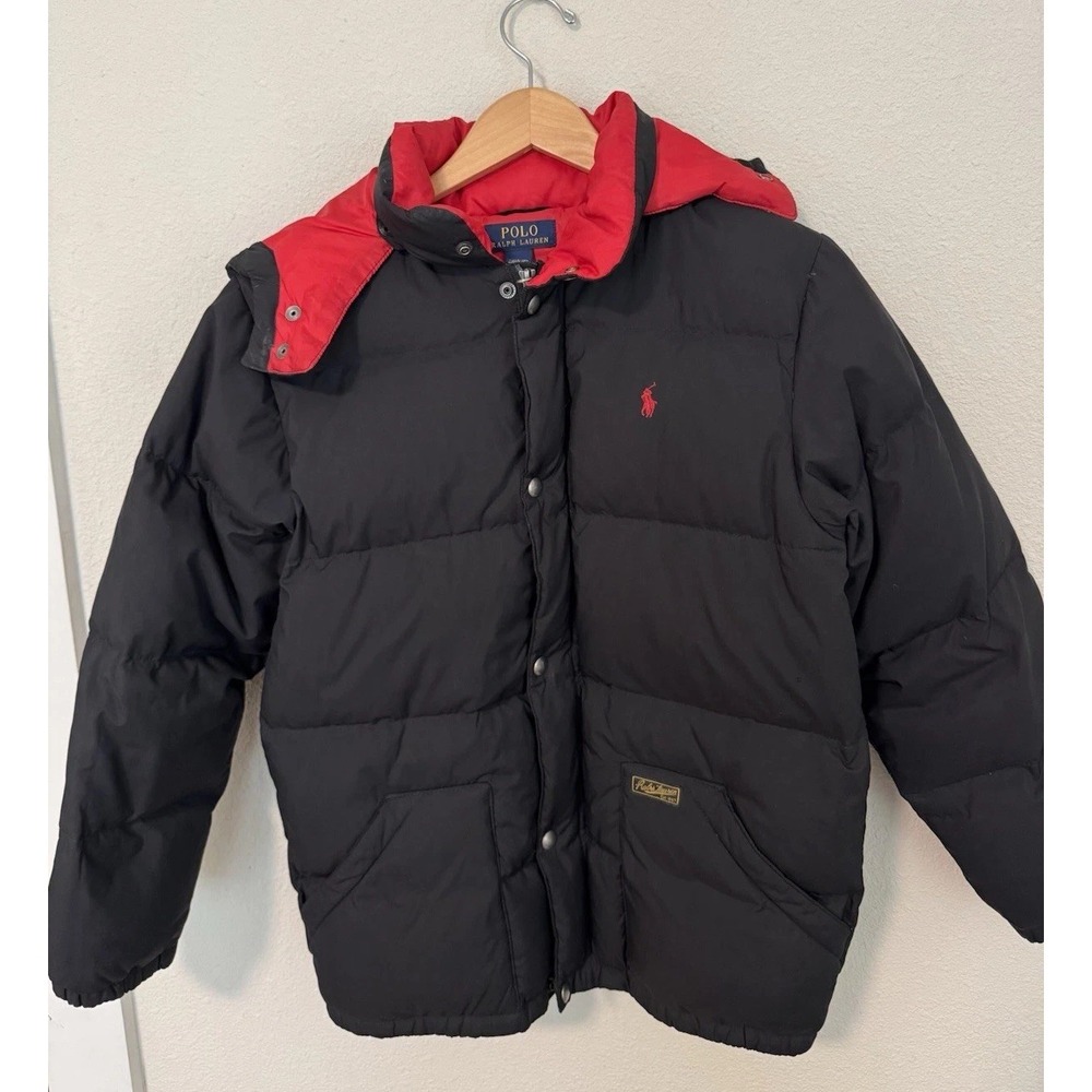 VTG Polo Ralph Lauren Jacket Youth Large (14-16) Black Red Goose Down Small Flaw